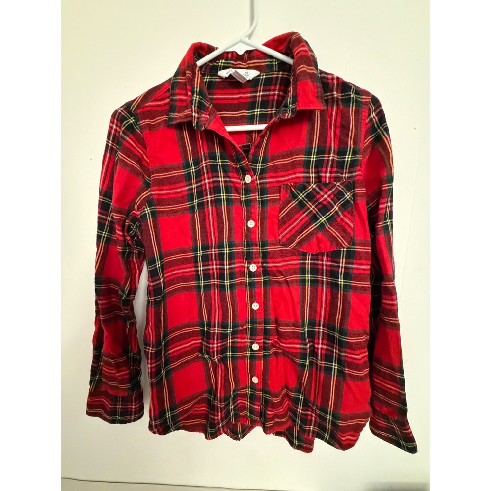 Old Navy Button Down Women Medium Classic Red Flannel Plaid Tartan Long Sleeve
